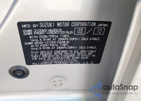 2012 Suzuki Grand Vitara Premium z USA, uszkodzony, nr VIN JS3TD0D63C4100396